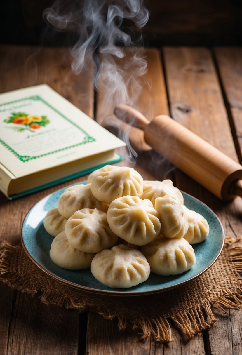 A rustic wooden table set with a steaming pile of Czech bread dumplings, accompanied by a traditional Czech recipe book and a vintage rolling pin