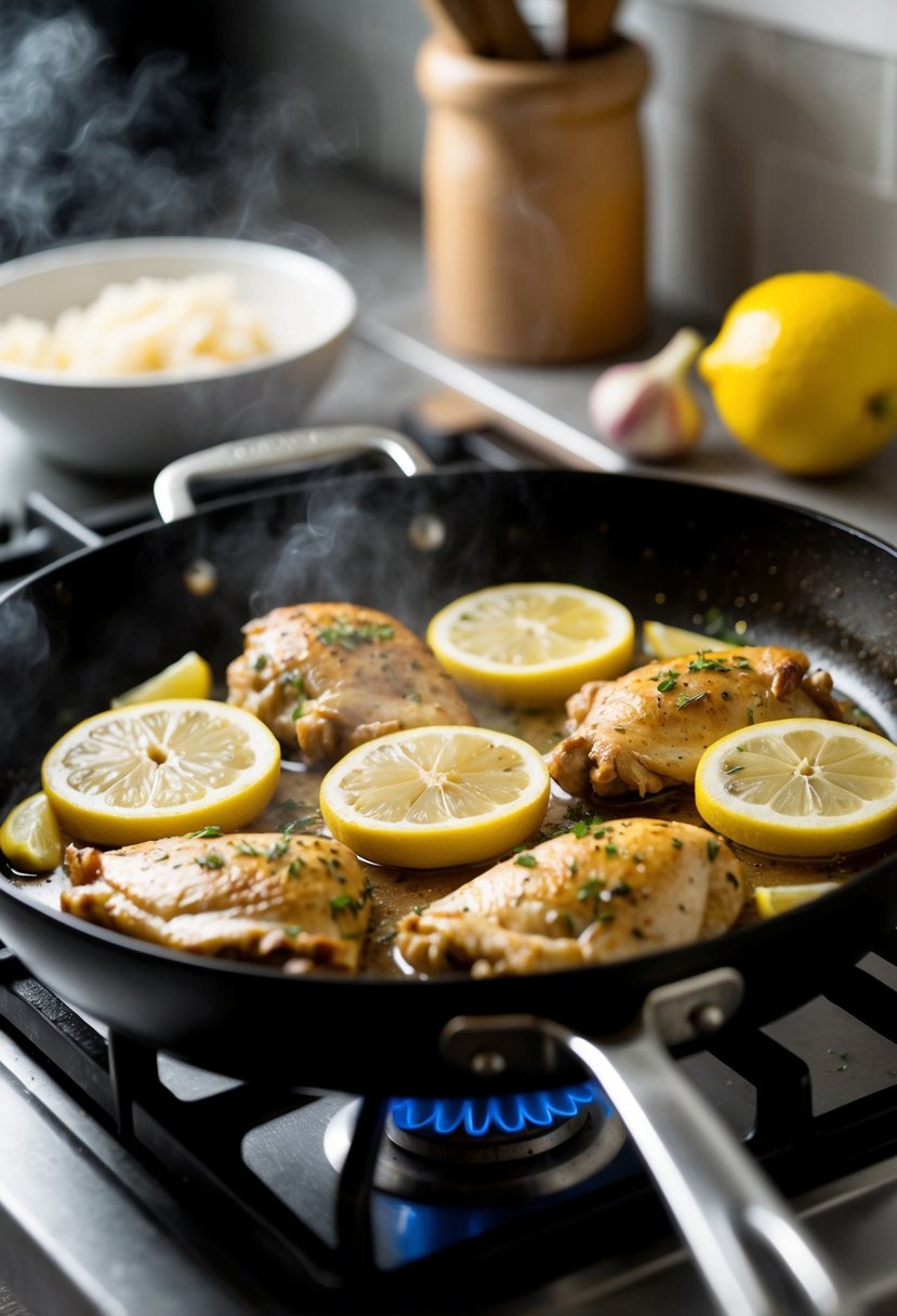 A sizzling skillet with chicken, lemon slices, and garlic cloves cooking on a stovetop