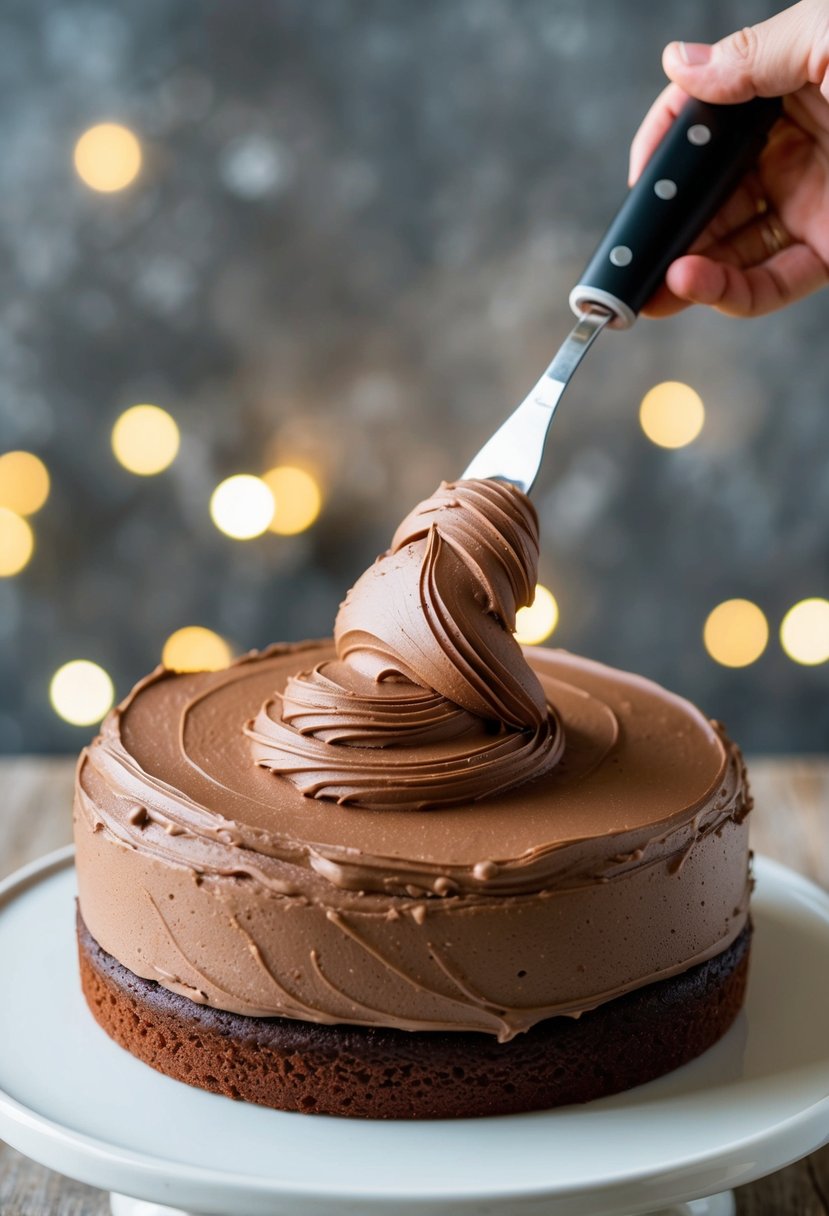 A rich, creamy chocolate buttercream frosting is being spread onto a freshly baked cake, creating a smooth and decadent surface