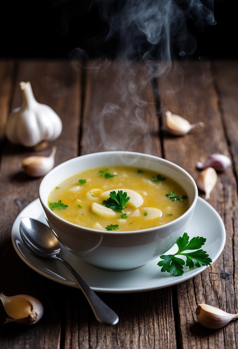 A steaming bowl of Czech Garlic Soup sits on a rustic wooden table, surrounded by a few scattered cloves of garlic and a sprig of fresh parsley