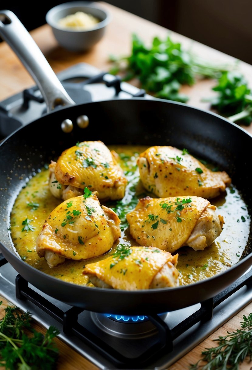 A sizzling skillet with garlic butter chicken cooking on the stove, surrounded by fresh herbs and spices