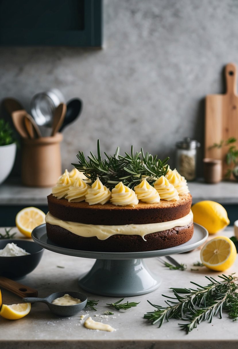 A rustic kitchen counter with a freshly baked rosemary olive oil cake topped with lemon buttercream, surrounded by scattered ingredients and utensils