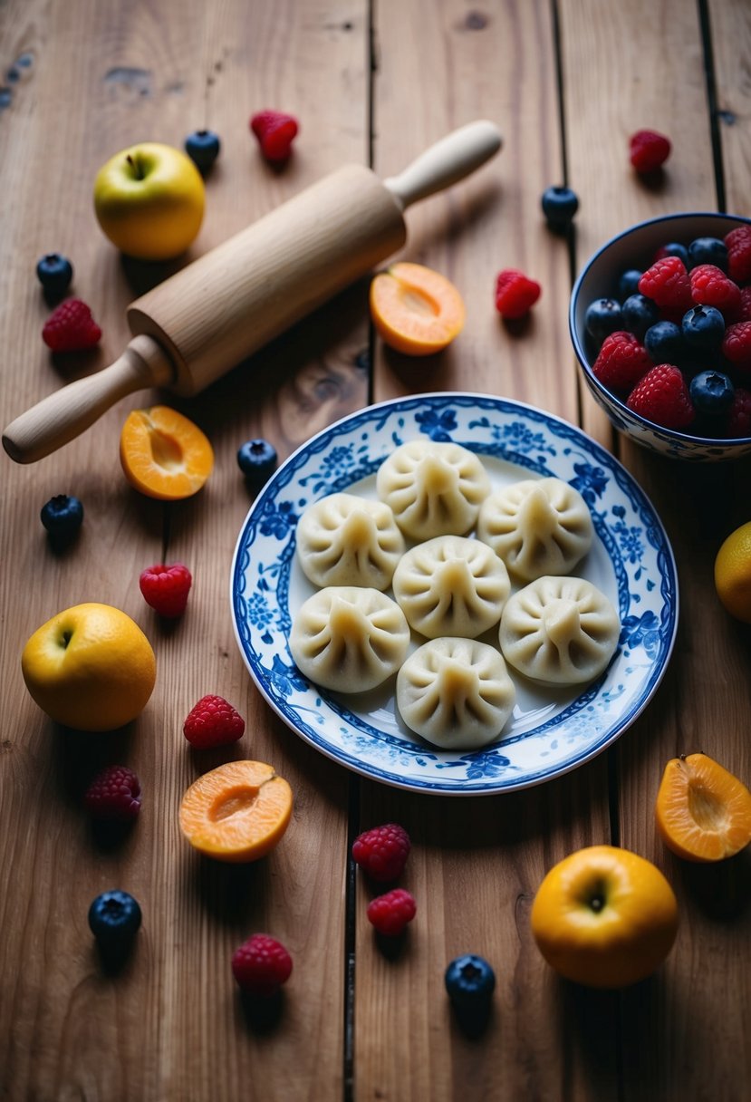 A wooden table set with a plate of Czech fruit dumplings, surrounded by scattered fresh fruits and a rolling pin