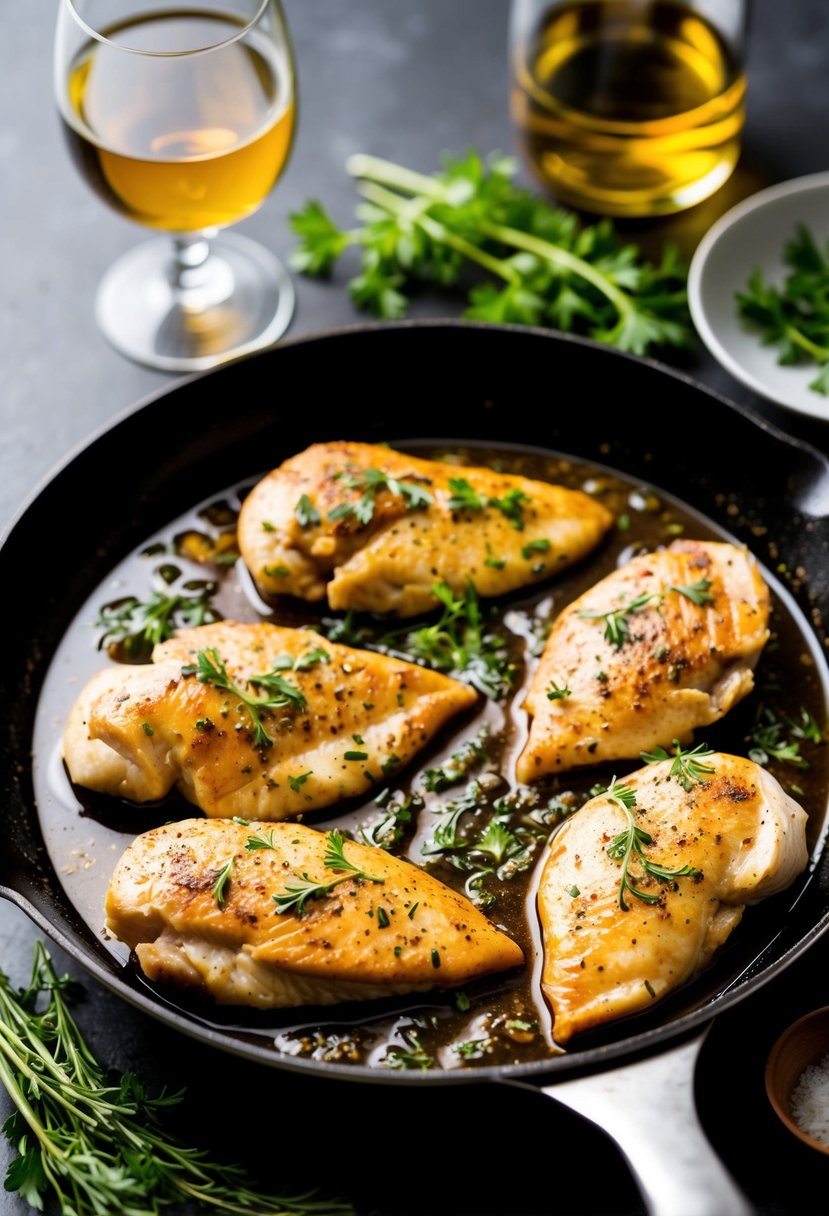 Chicken breasts sizzling in a skillet, surrounded by bubbling wine sauce and fresh herbs