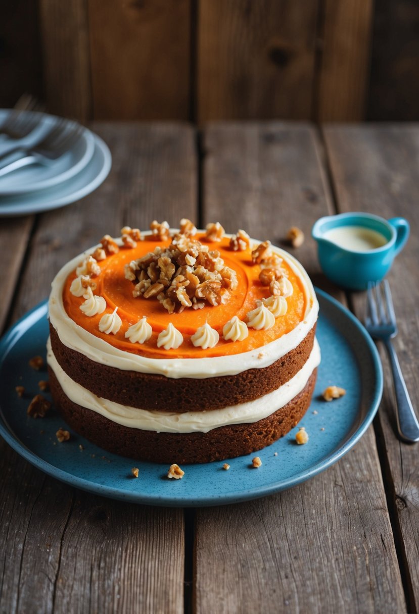 A freshly baked carrot cake sits on a rustic wooden table, adorned with cream cheese frosting and sprinkled with finely chopped walnuts