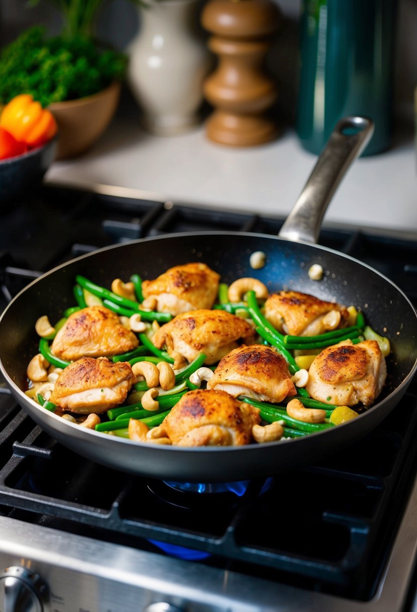 A sizzling skillet with golden-brown chicken, cashews, and vibrant vegetables cooking on a stovetop