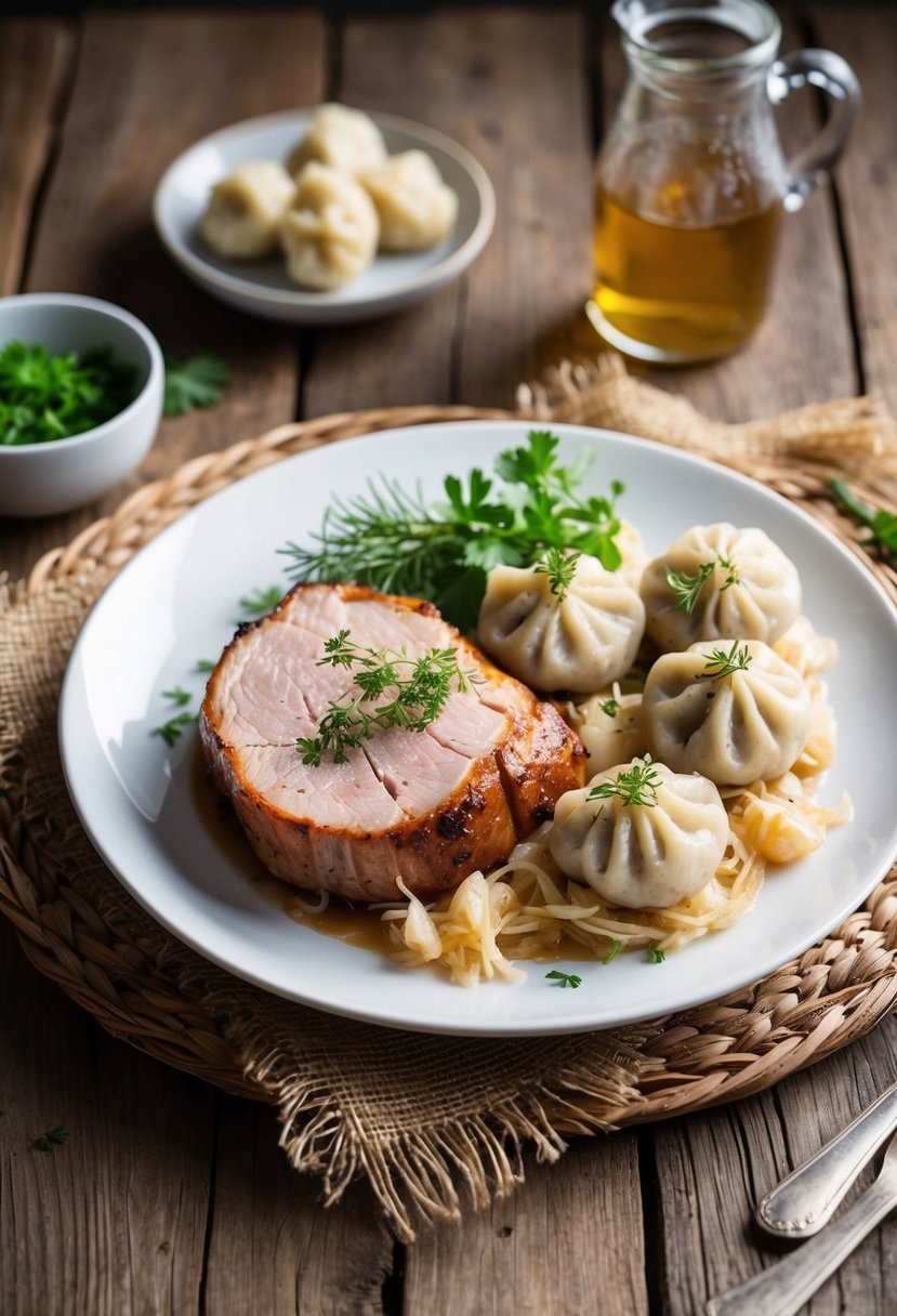 A plate of Czech roast pork with dumplings and sauerkraut, garnished with fresh herbs, served on a rustic wooden table