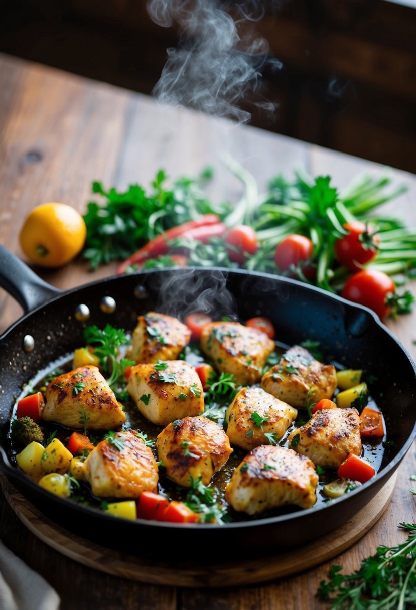 A sizzling skillet holds tender chunks of Mediterranean chicken, surrounded by vibrant vegetables and herbs, emanating a tantalizing aroma