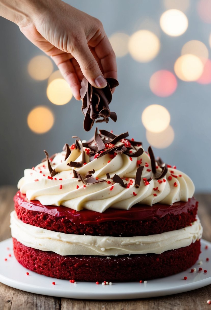 A red velvet cake being decorated with cream cheese frosting and topped with chocolate shavings and red sprinkles