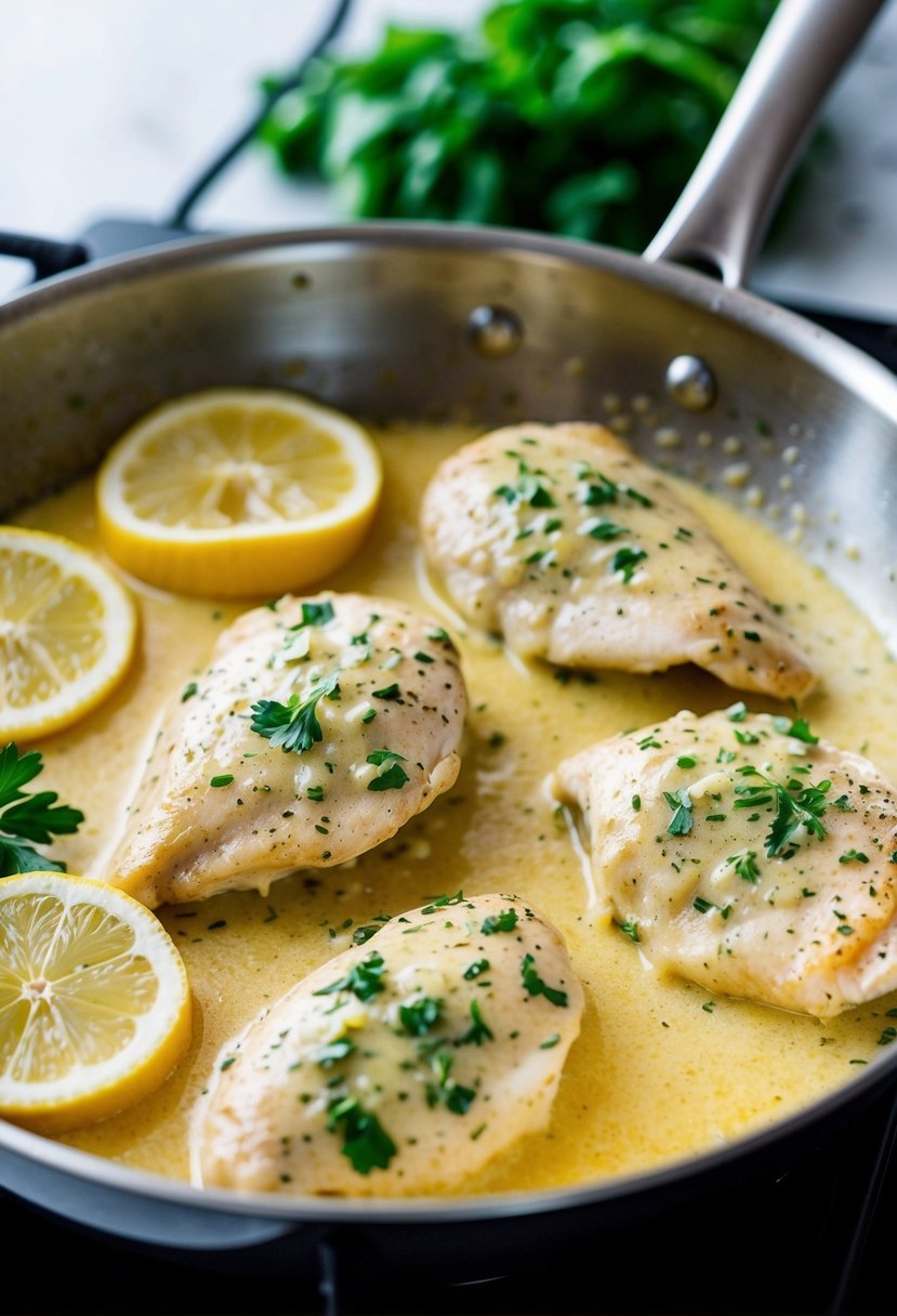 Chicken breasts sizzling in a creamy lemon sauce in a stainless steel skillet on a stovetop. Lemon slices and fresh herbs nearby