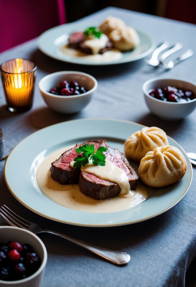 A table set with a plate of Czech beef in cream sauce, accompanied by bread dumplings and cranberry compote