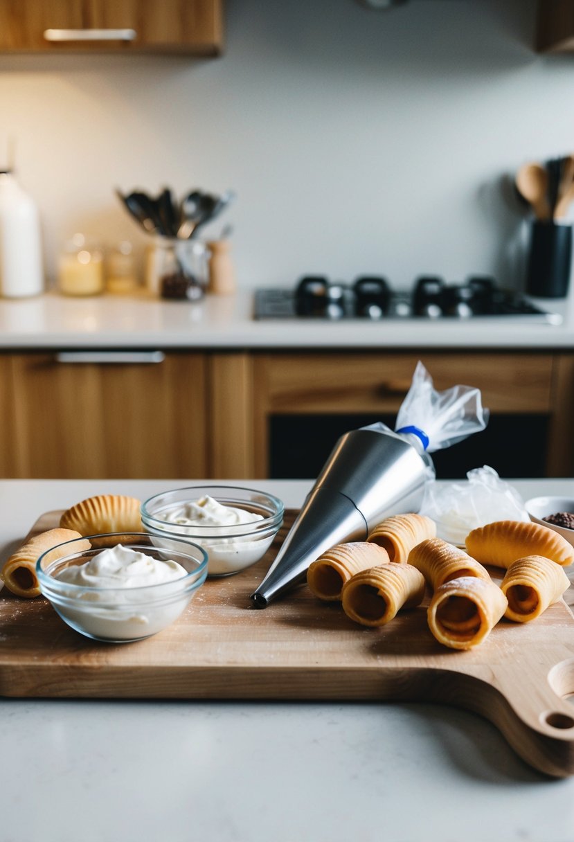 A kitchen counter with ingredients and tools for making cannoli, including pastry shells, ricotta filling, and a piping bag