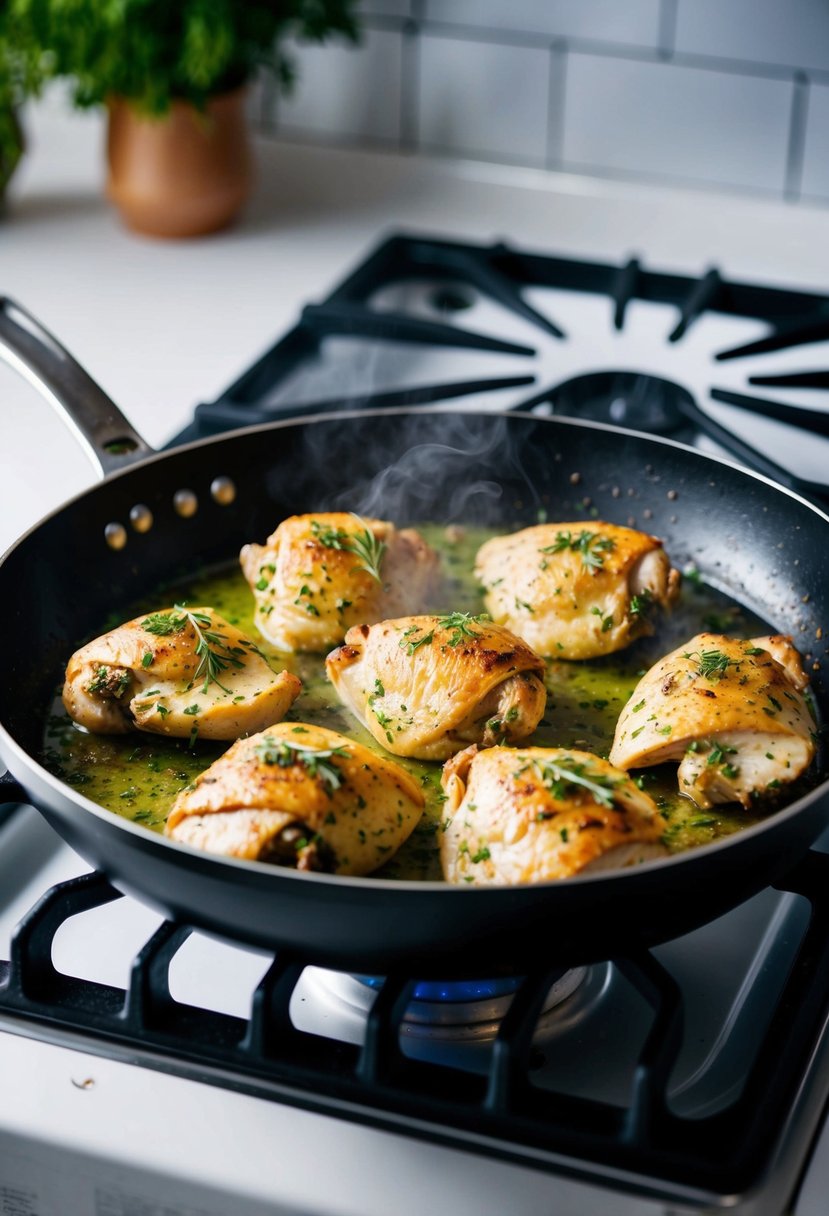 A sizzling skillet with herb-infused chicken cooking on a stove top. The aroma of savory herbs fills the air