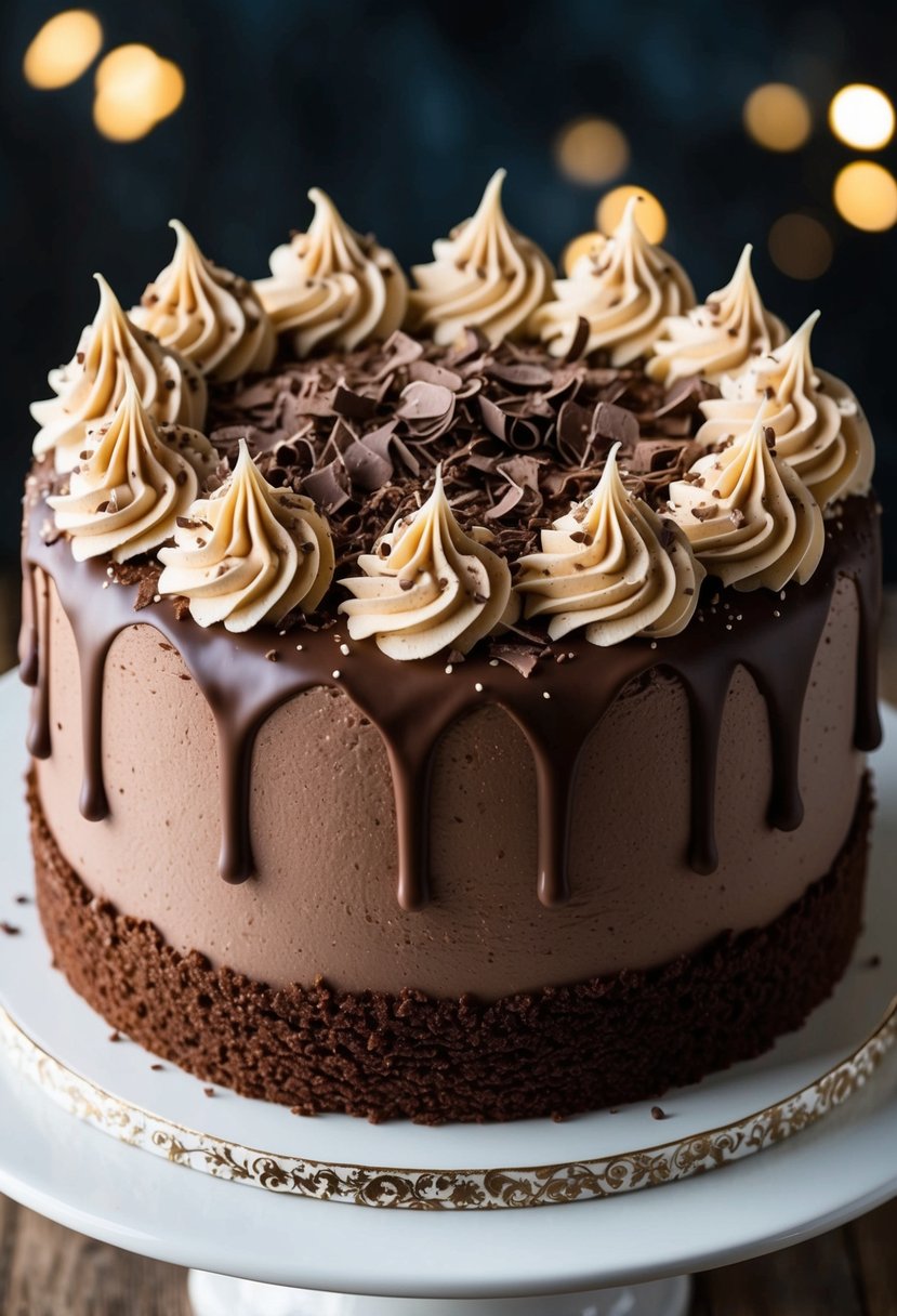 A decadent chocolate cake topped with creamy milk chocolate frosting, adorned with delicate swirls and sprinkled with chocolate shavings