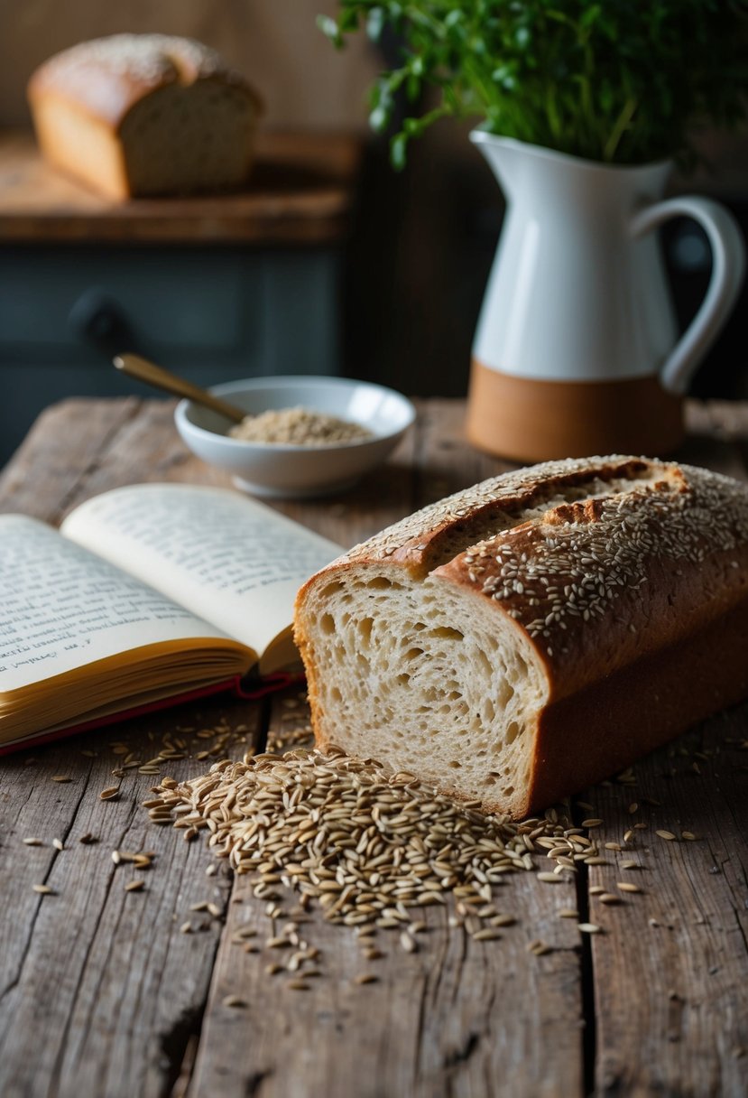 A rustic kitchen table with a loaf of Czech Caraway Bread, a scattering of caraway seeds, and a traditional Czech recipe book open to a page with handwritten notes