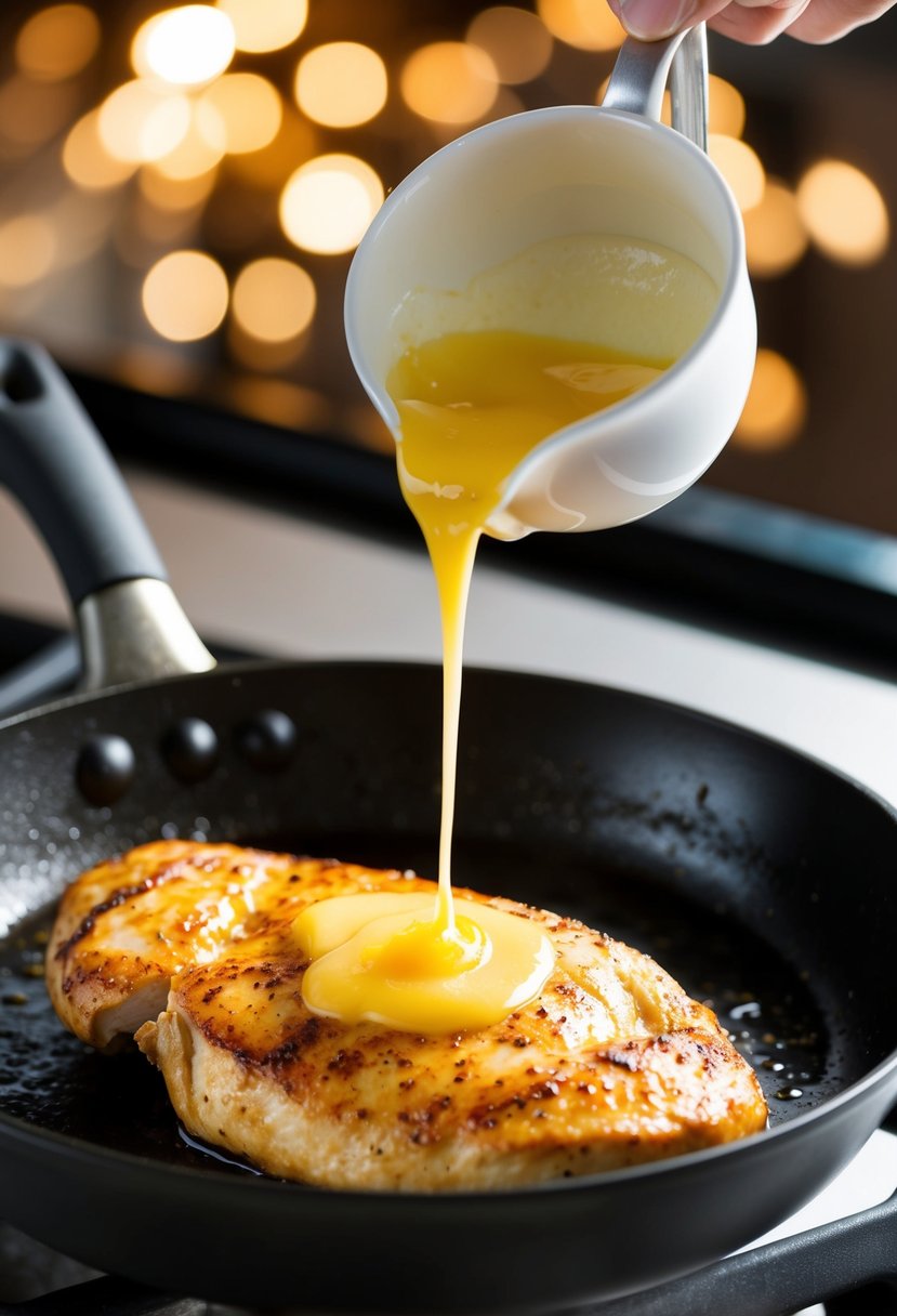 A sizzling chicken breast searing in a hot skillet, with a golden butter glaze being drizzled over the top