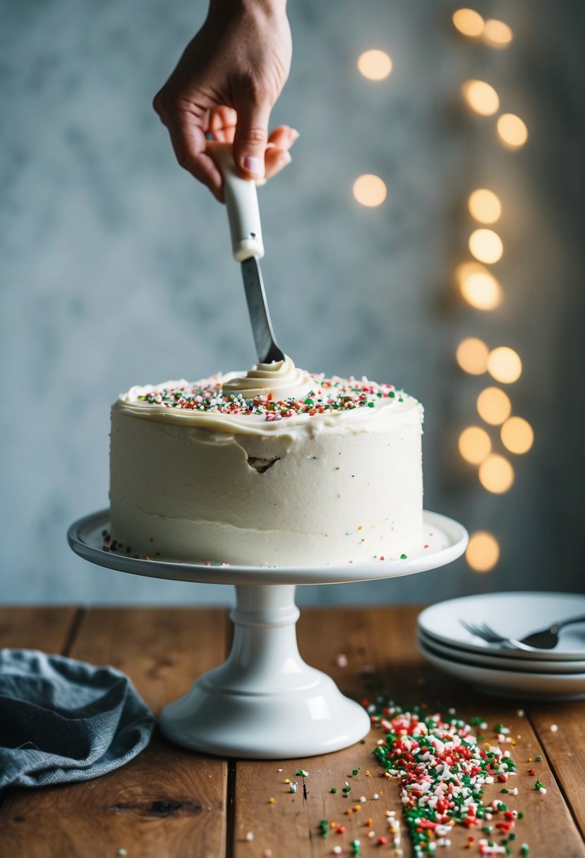 A vanilla cake being decorated with frosting and sprinkles on a wooden table