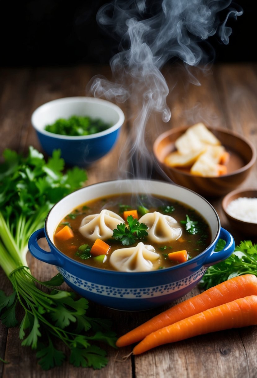 A steaming bowl of Czech Liver Dumpling Soup surrounded by traditional Czech ingredients like parsley, carrots, and celery