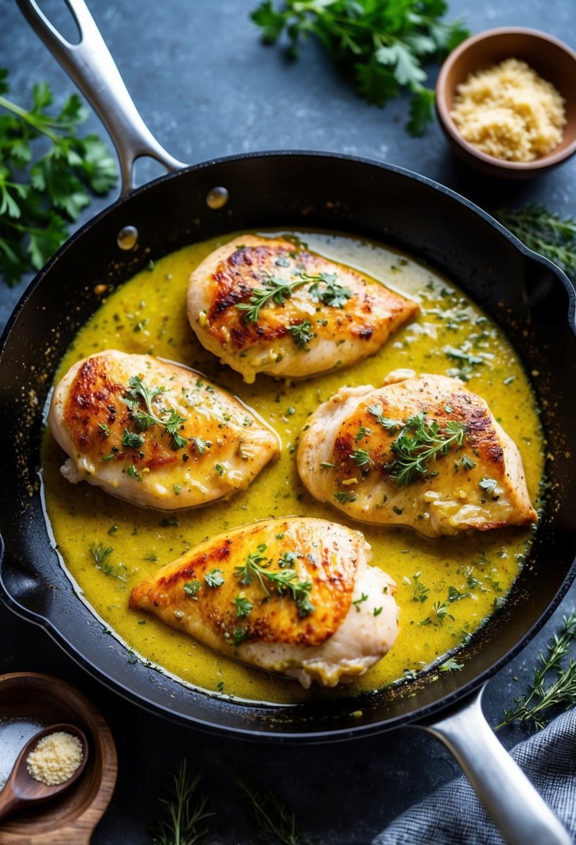 A sizzling skillet with golden-brown chicken breasts bathed in a rich garlic butter sauce, surrounded by aromatic herbs and spices