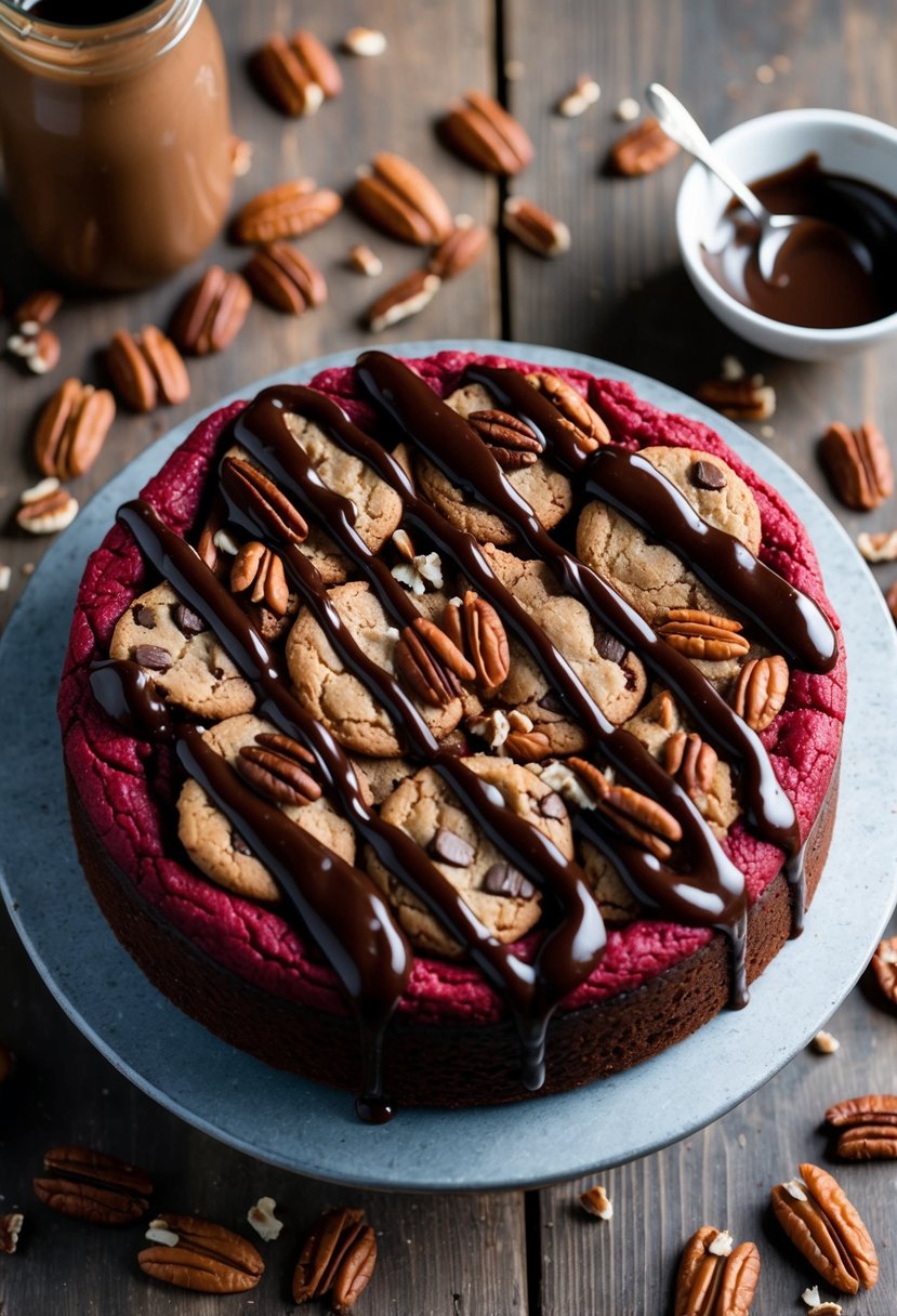 A decadent Red Velvet-Pecan Cookie Brownies cake sits on a rustic wooden table, surrounded by scattered pecans and a drizzle of rich chocolate ganache