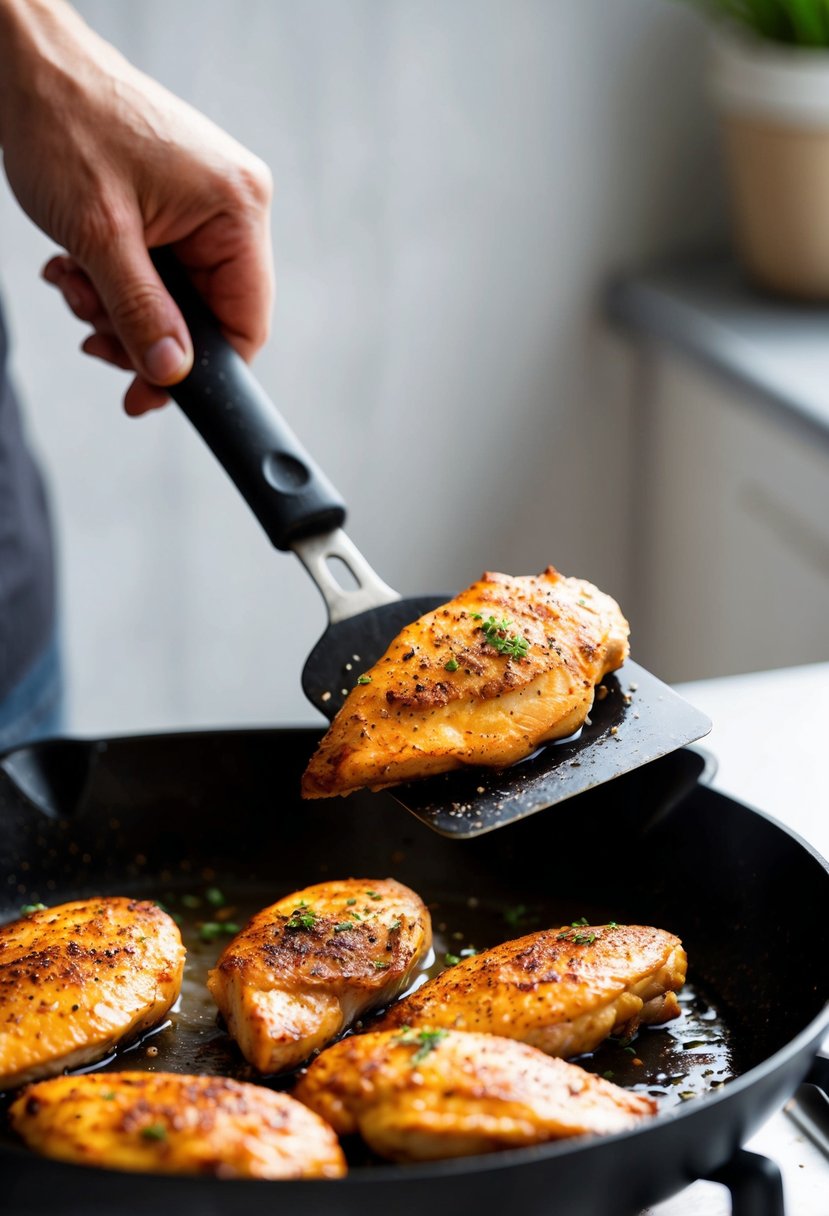 A skillet sizzling with seasoned chicken breasts, golden brown and juicy, as they are being flipped with a spatula on a stovetop