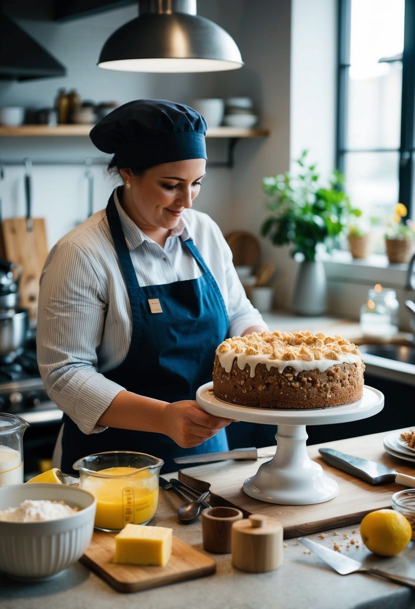 A baker prepares German Crumb Cake in a bustling kitchen, surrounded by ingredients and utensils, with a tantalizing finished cake on display