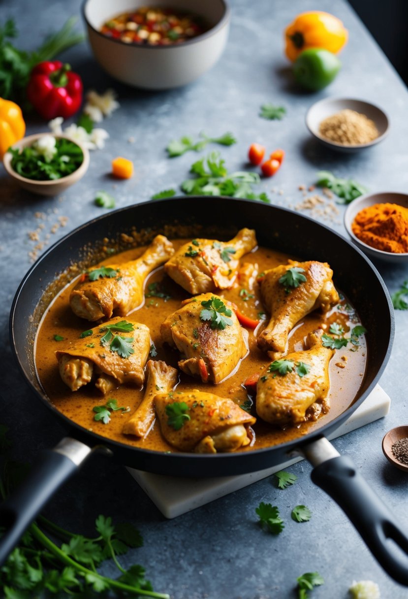 A sizzling skillet holds tender chicken pieces simmering in a fragrant curry sauce, surrounded by colorful vegetables and aromatic spices