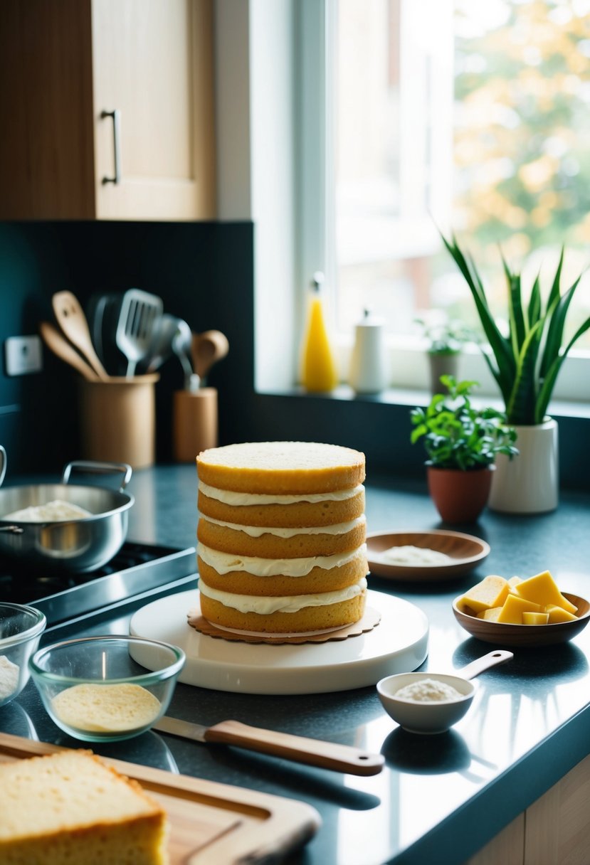 A kitchen counter with ingredients and utensils for baking a sponge cake