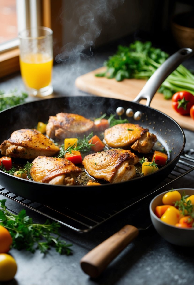 A sizzling skillet holds golden-brown chicken pieces surrounded by colorful vegetables and aromatic herbs. A mouthwatering aroma fills the cozy kitchen