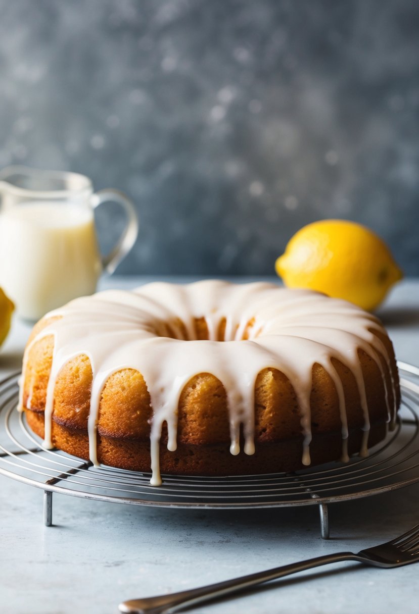 A freshly baked lemon drizzle cake cooling on a wire rack, with a light glaze dripping down the sides