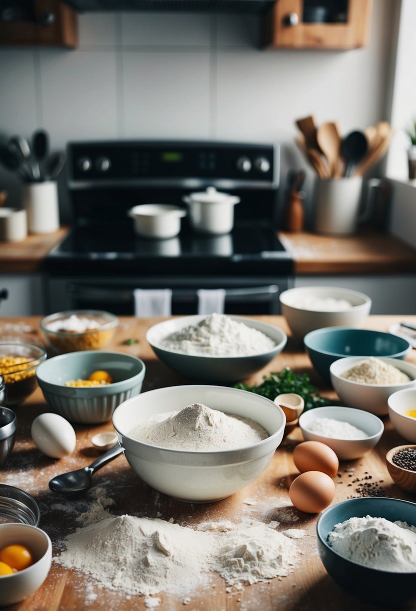 A cluttered kitchen counter with scattered flour, eggs, and a mixing bowl, surrounded by various ingredients and cooking utensils