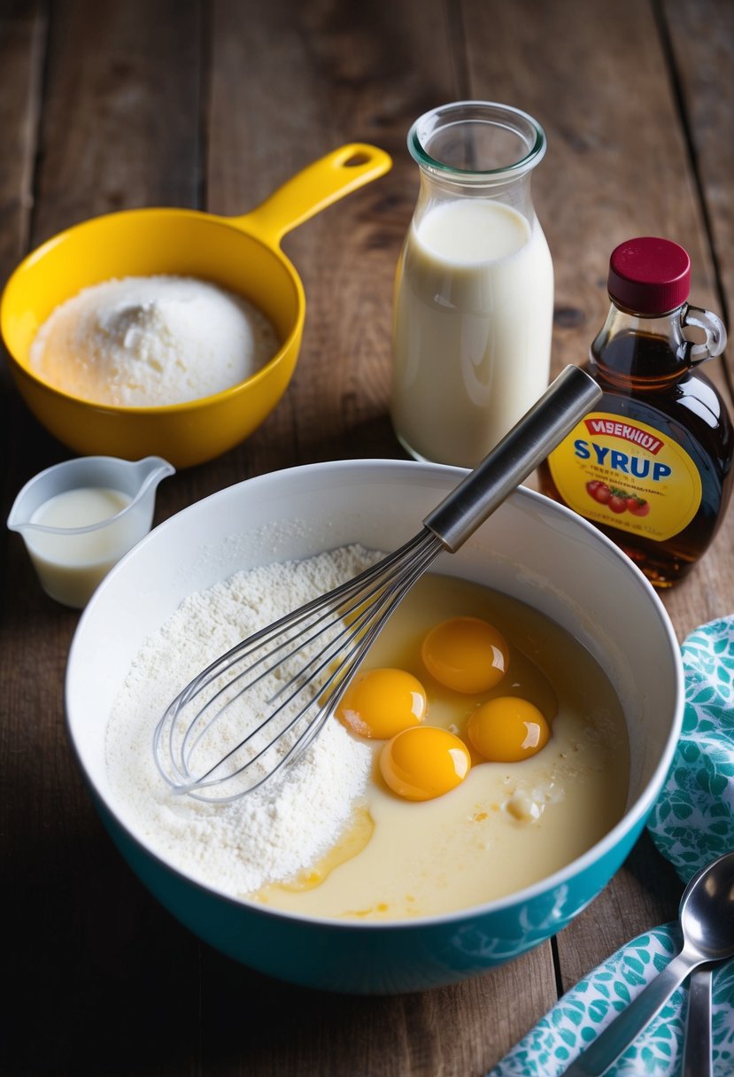 A mixing bowl filled with flour, eggs, buttermilk, and a whisk. A measuring cup of milk and a bottle of syrup sit nearby