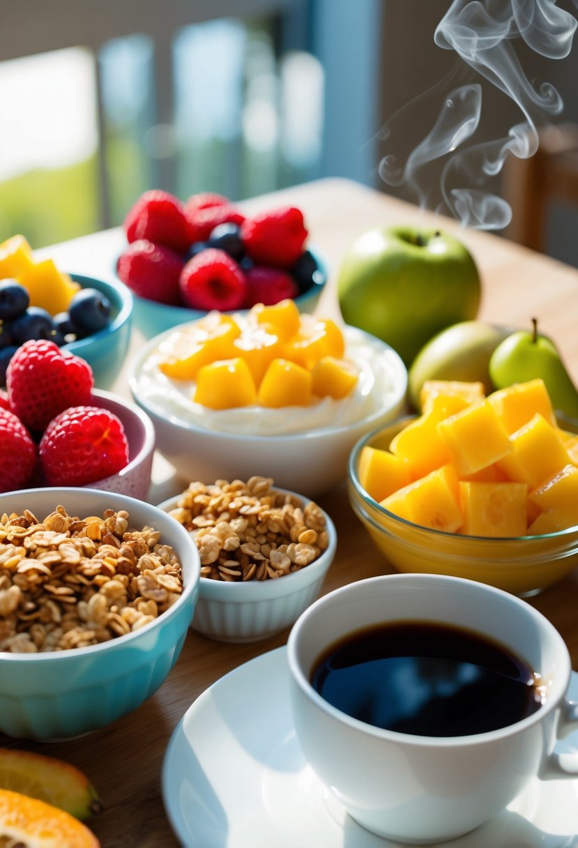 A colorful array of fresh fruit, yogurt, granola, and a steaming cup of coffee on a sunny breakfast table