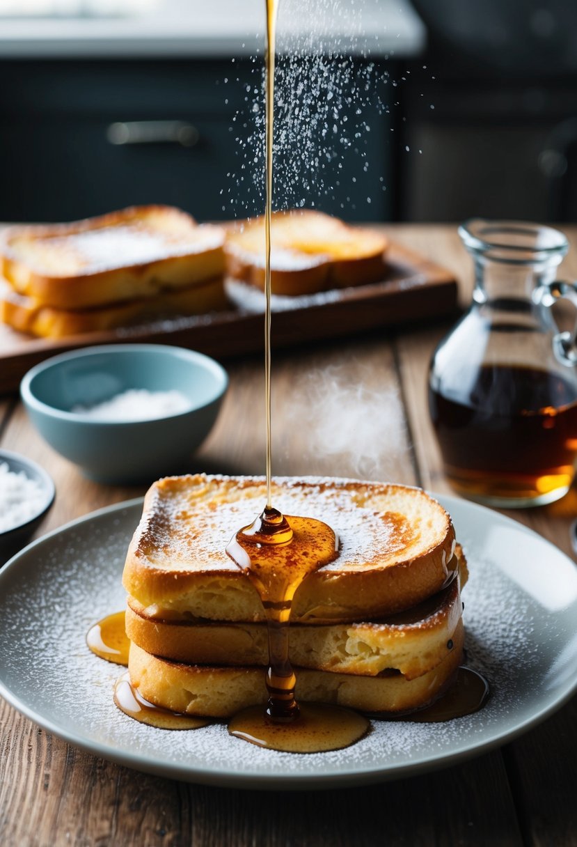 A rustic kitchen table set with a plate of golden-brown French toast, topped with a dusting of powdered sugar and a drizzle of maple syrup