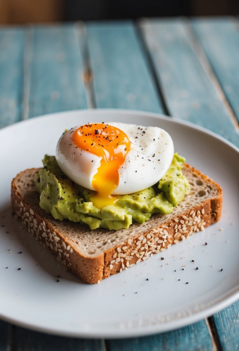 A slice of whole grain bread topped with mashed avocado and a poached egg, sprinkled with salt and pepper, sitting on a white plate