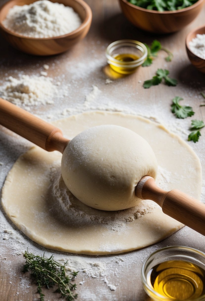 A wooden rolling pin flattens a ball of pizza dough on a floured surface, surrounded by scattered ingredients like flour, olive oil, and herbs