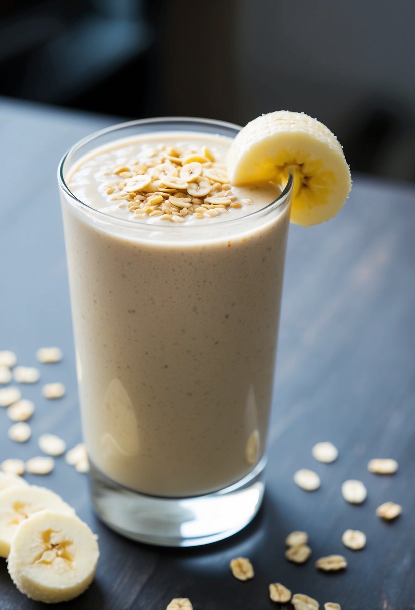 A glass filled with a creamy banana and oat smoothie, topped with a sprinkle of oats and a fresh banana slice on the rim