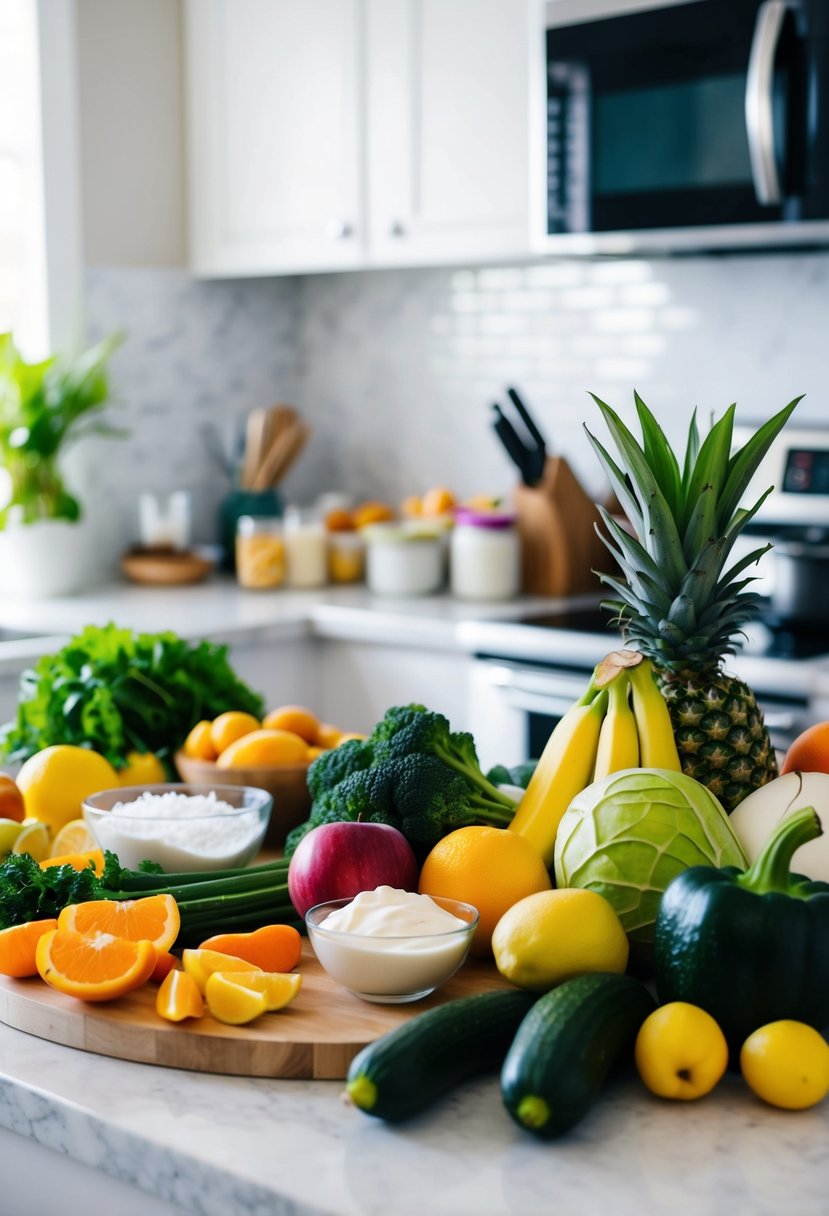 A kitchen counter with a variety of fresh fruits, vegetables, and non-dairy ingredients laid out for cooking