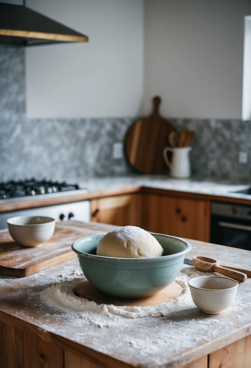 A rustic kitchen with flour-dusted countertops, a wooden cutting board, and a vintage mixing bowl filled with dough