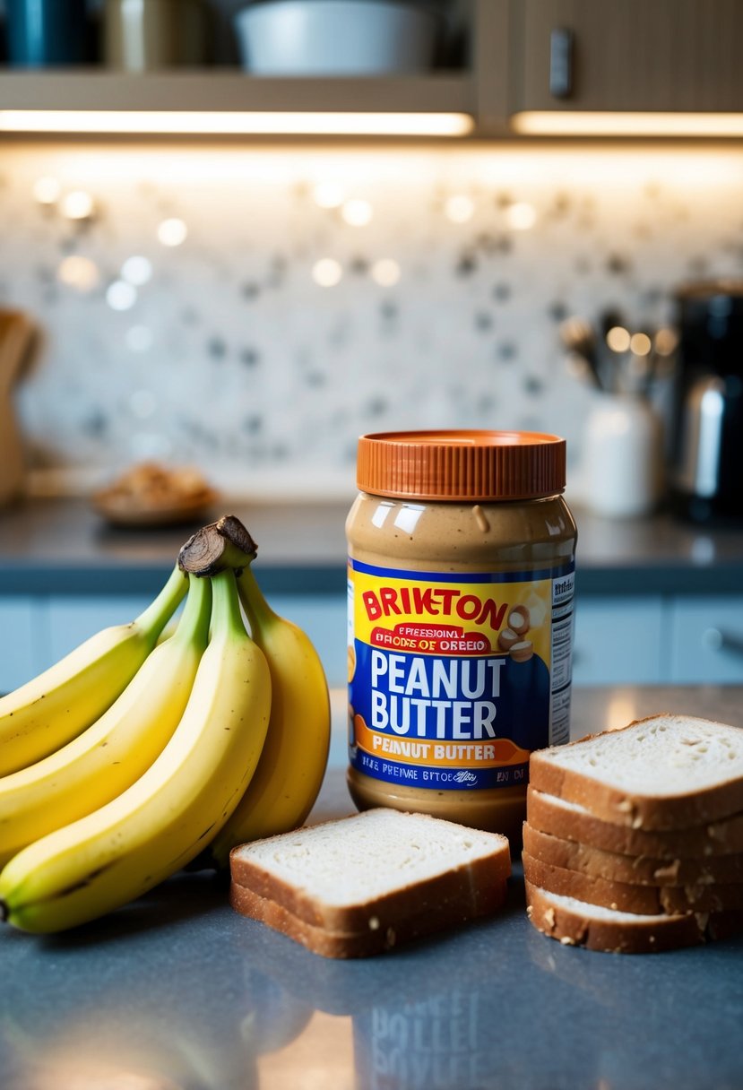 A jar of peanut butter, a bunch of ripe bananas, and slices of bread on a kitchen counter