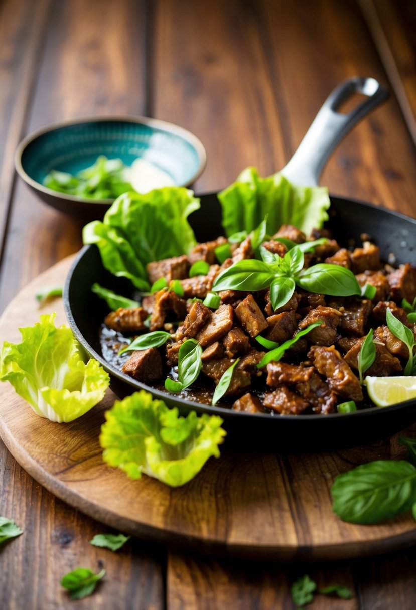 A sizzling skillet of Thai basil beef with vibrant lettuce cups on a wooden table