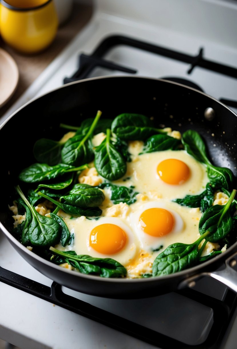 A sizzling skillet with fluffy scrambled eggs and vibrant green spinach cooking together over a stovetop