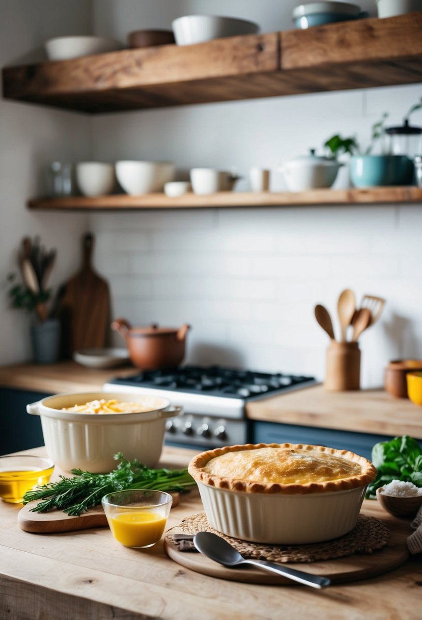 A rustic kitchen counter with ingredients and utensils for making chicken pot pie from scratch