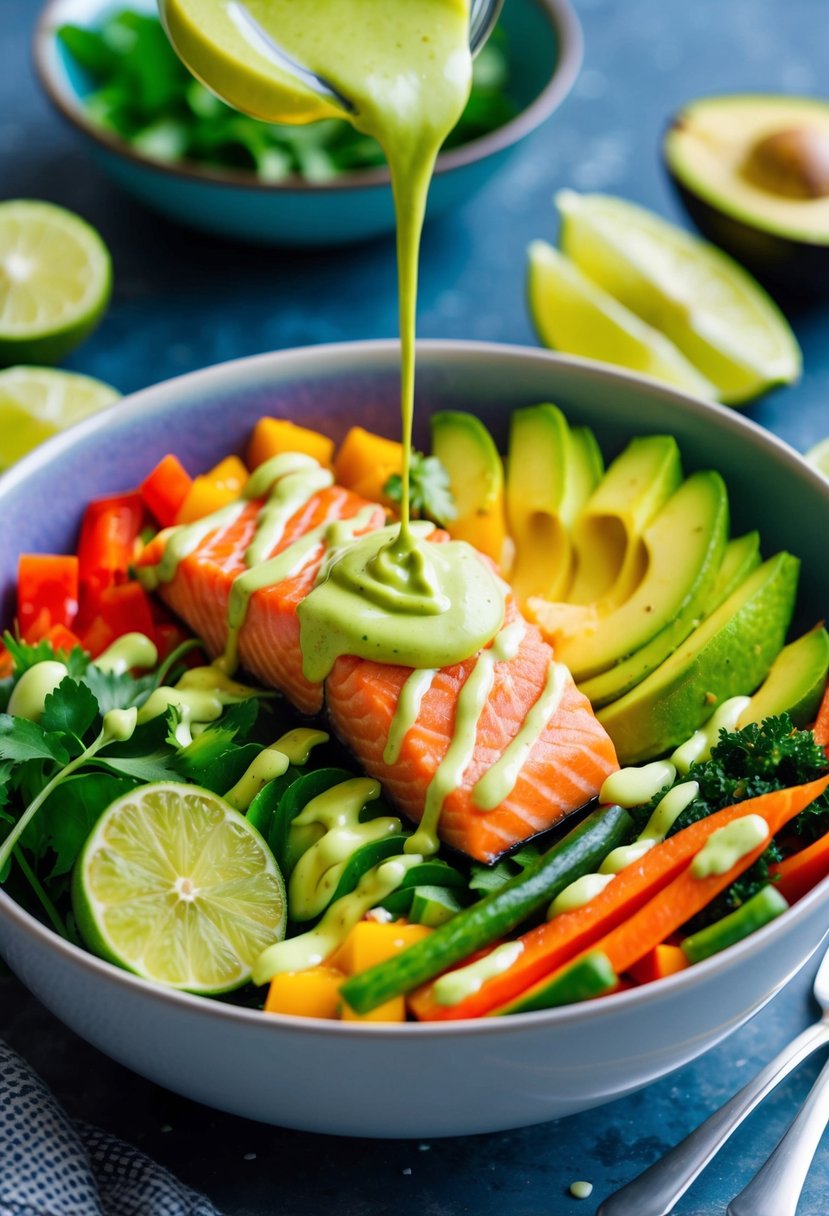 A colorful bowl filled with fresh salmon, avocado, and vibrant vegetables, drizzled with a zesty lime dressing