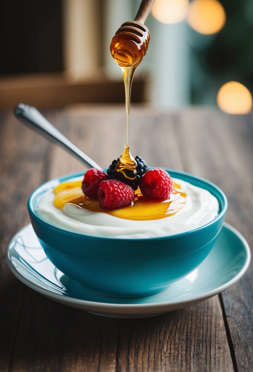 A bowl of Greek yogurt topped with drizzled honey and fresh berries on a wooden table