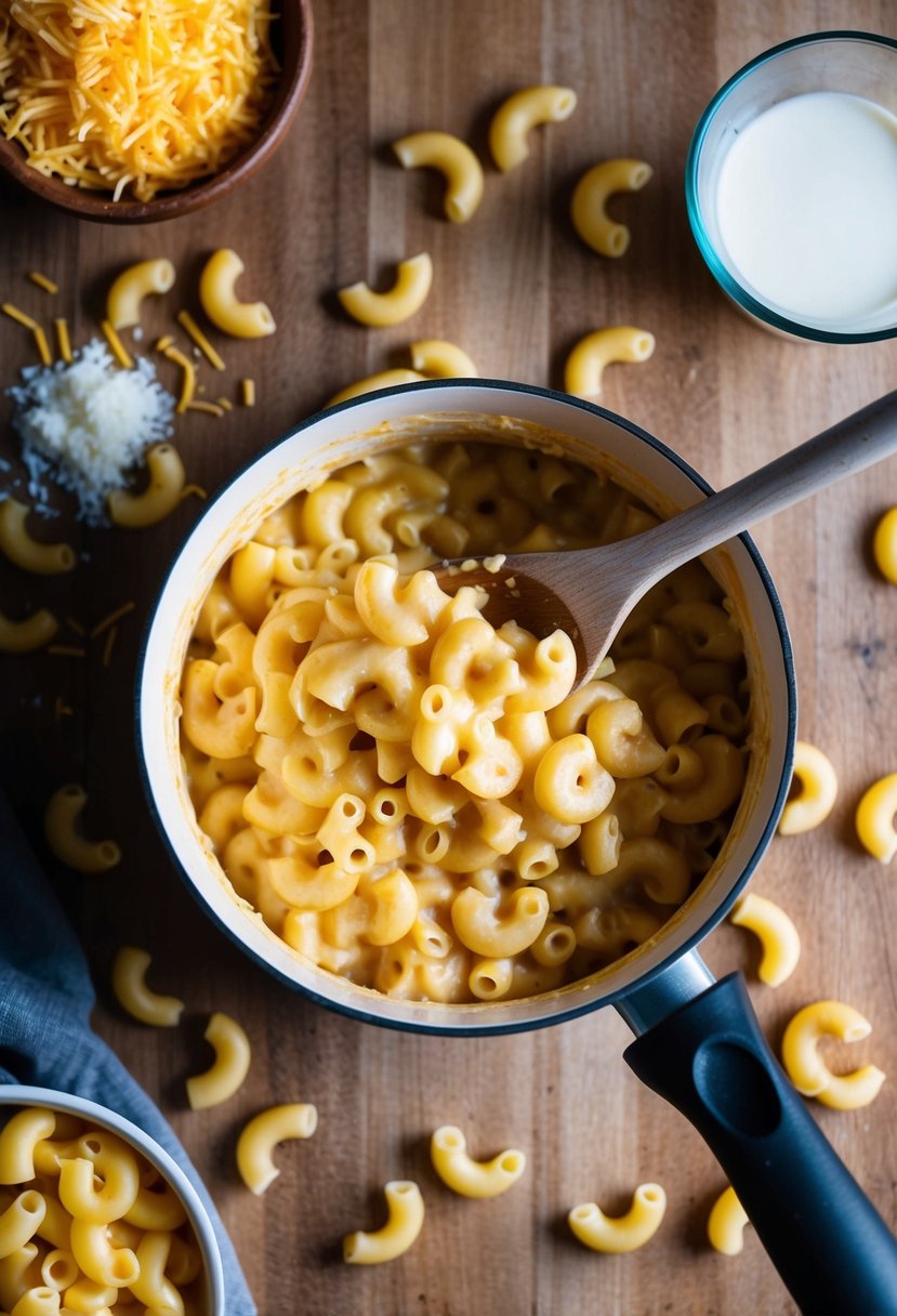 A bubbling pot of creamy macaroni and cheese, surrounded by scattered ingredients like cheese, milk, and pasta. A wooden spoon stirs the mixture