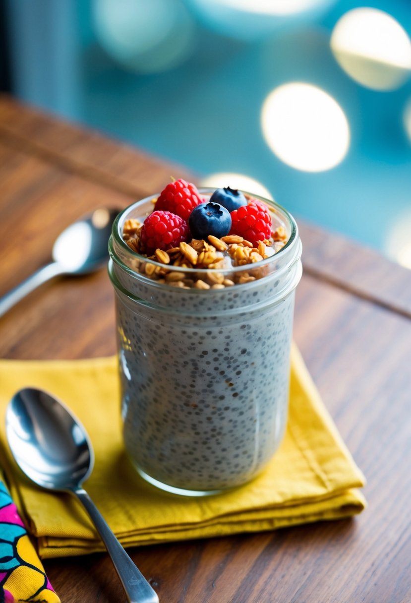 A glass jar filled with chia seed pudding, topped with fresh berries and a sprinkle of granola, set on a wooden table next to a spoon and a vibrant napkin