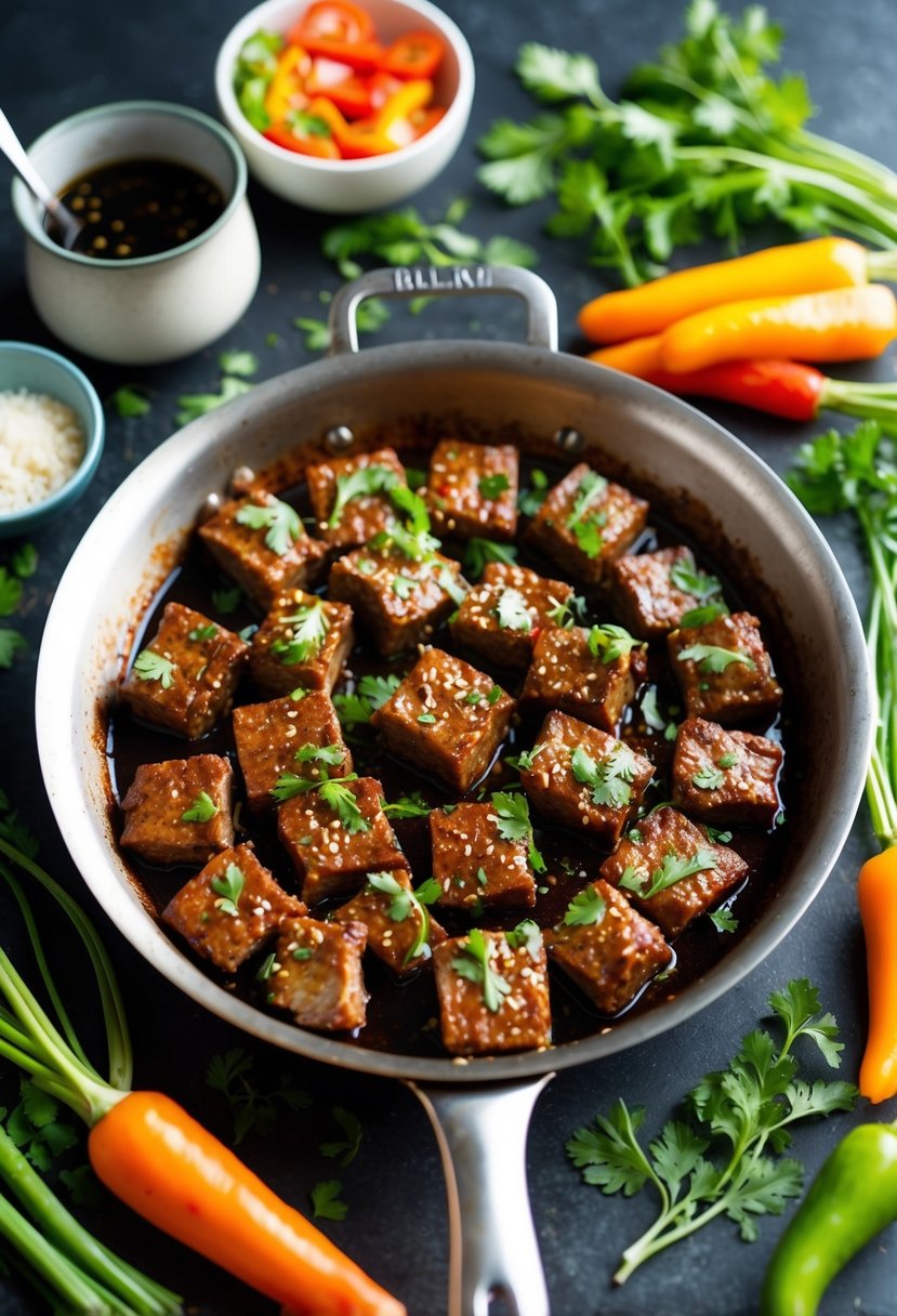 A sizzling skillet of Paleo Beef Bulgogi surrounded by colorful vegetables and herbs