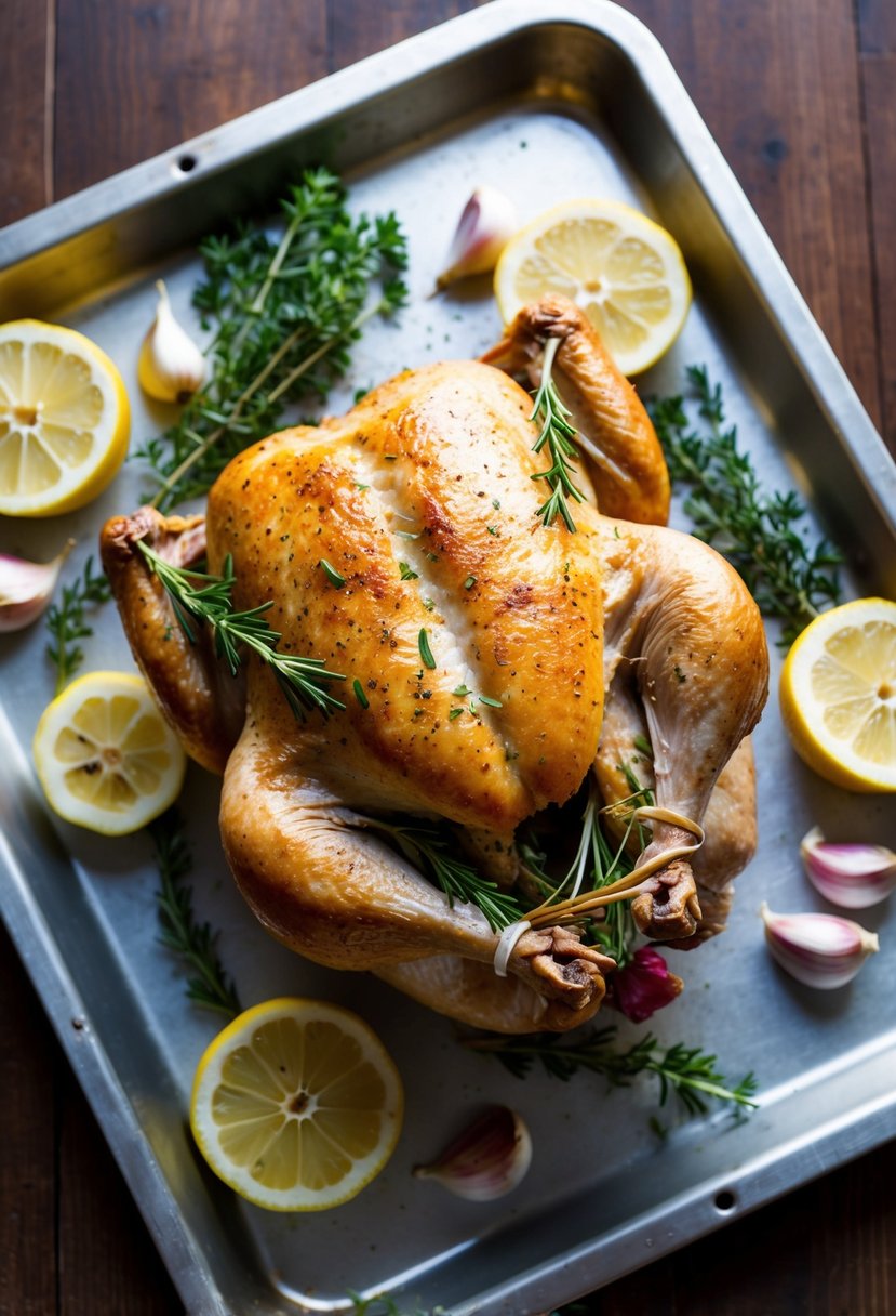 A whole chicken surrounded by cloves of garlic, fresh herbs, and lemon slices, on a baking tray ready to be roasted