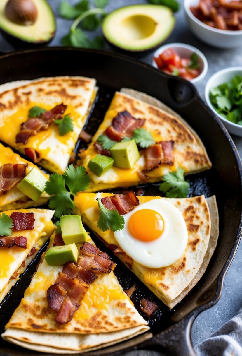 A sizzling skillet with breakfast quesadillas filled with bacon, eggs, and cheese, surrounded by fresh ingredients like avocado, salsa, and cilantro